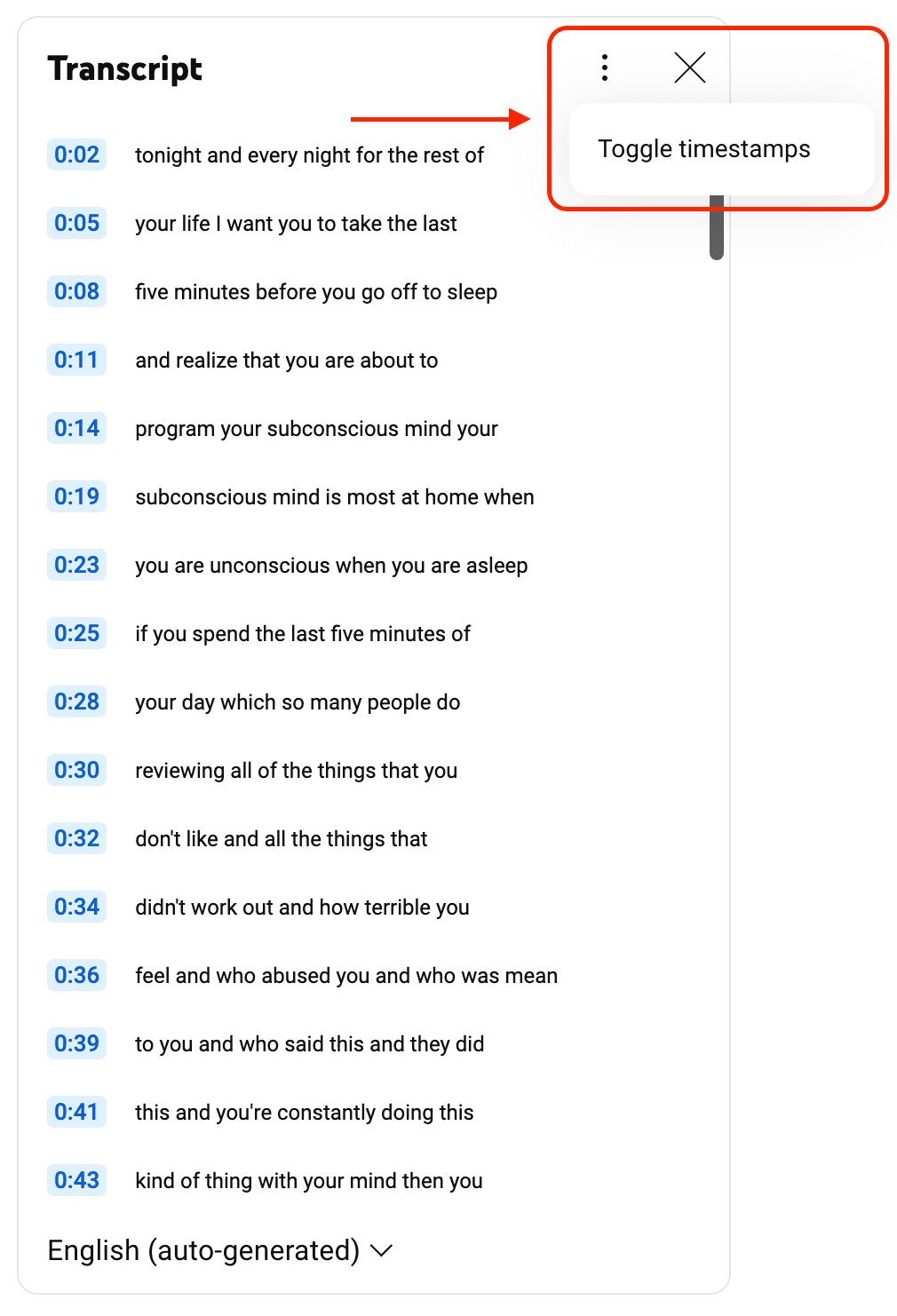 youtube video transcript on Desktop - step 4: Choose to toggle timestamps