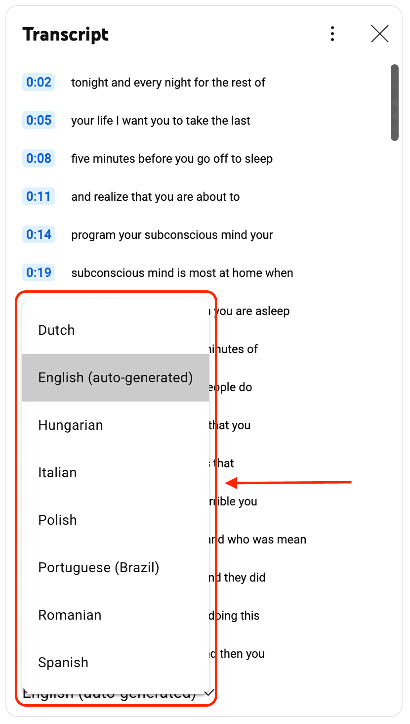 youtube video transcript on Desktop - step 5: Choose the language multiple options