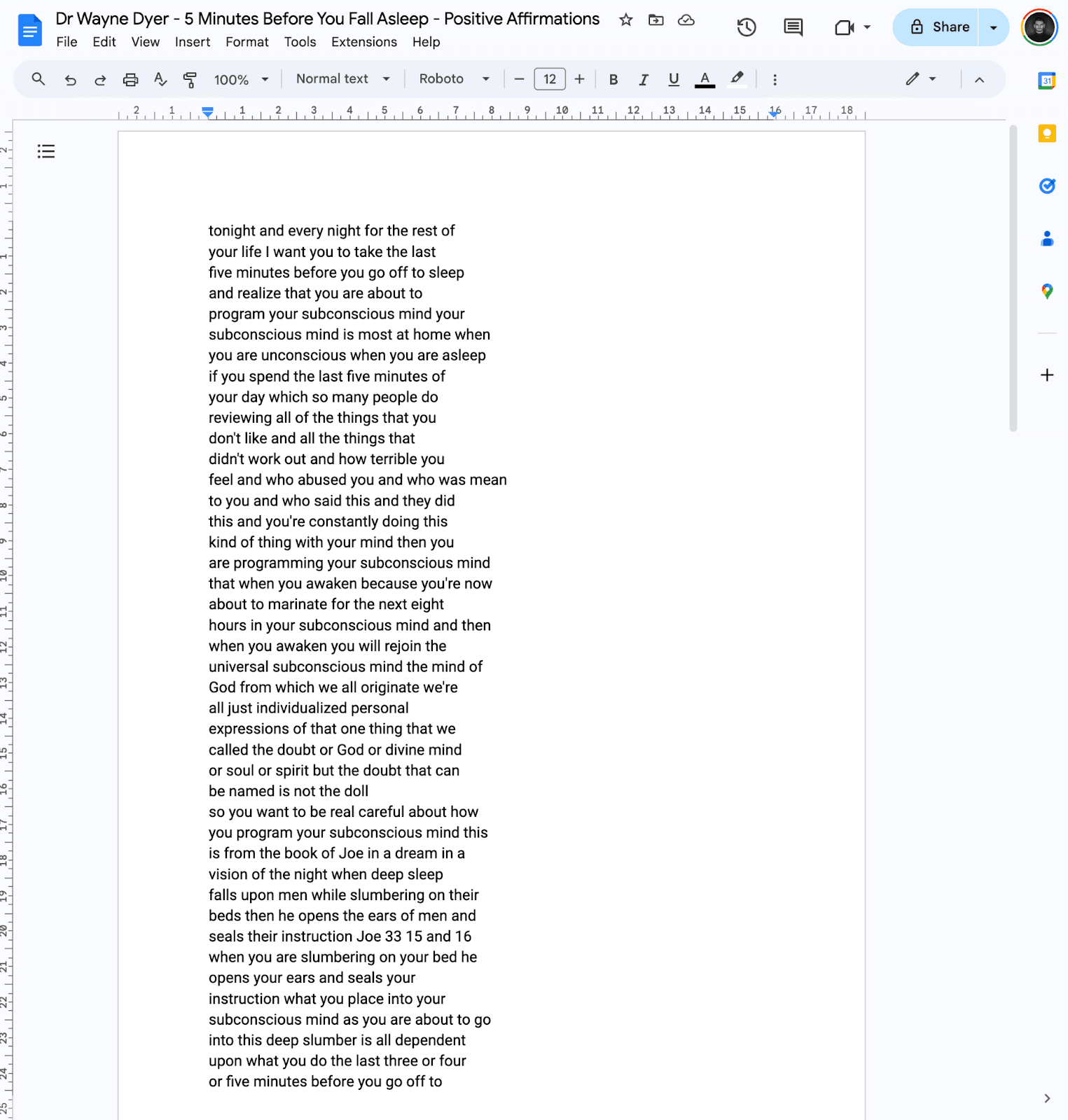 youtube video transcript on Desktop - step 6: Paste the transcript into a Google Doc