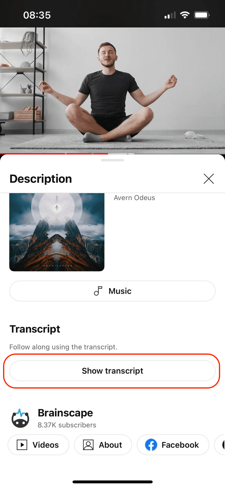 youtube video transcript on Mobile - step 2: Select Show Transcript