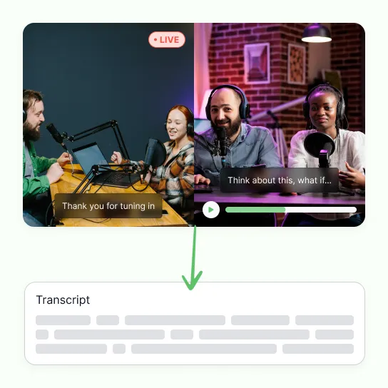A live episode being recorded beside a pre-recorded one playing back, both feeding a green arrow down into a single transcript