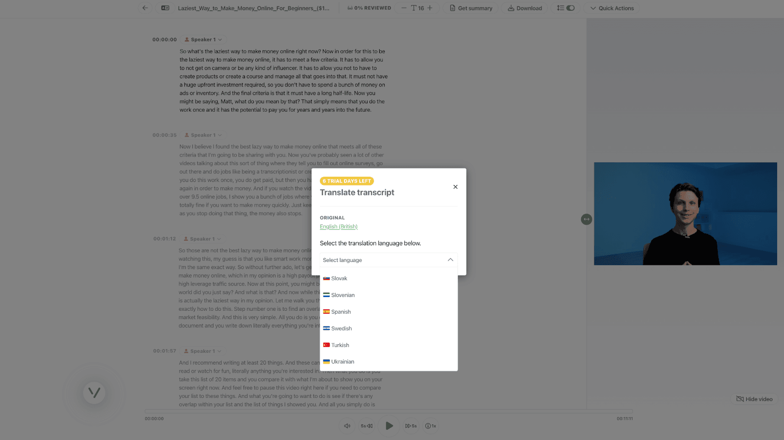 how to translate youtube videos with Vatis Tech Translate Transcript