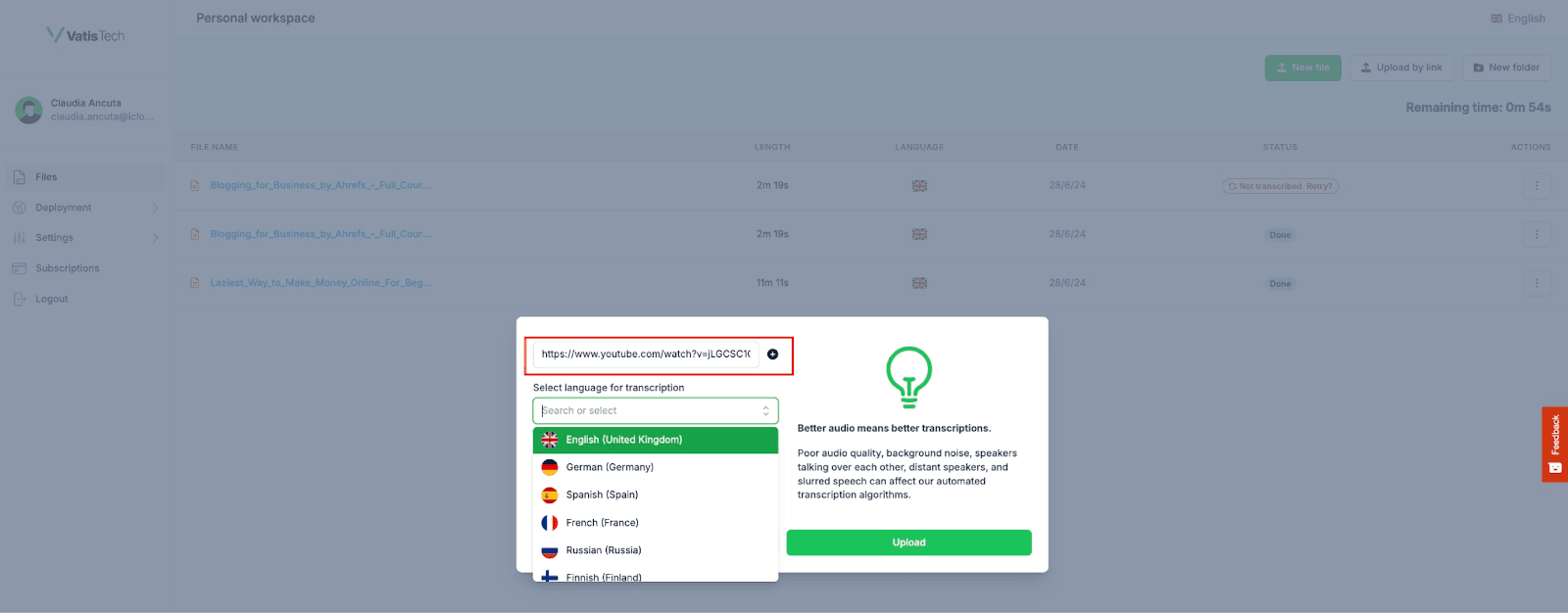 how to translate youtube videos with Vatis Tech