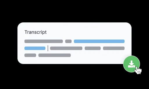 A transcript being edited in place, with the green download button under the cursor