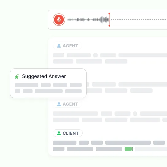 A live call recording running above a transcript, with a Suggested Answer card surfacing over the agent's turn