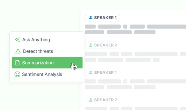 A transcript split into speaker turns, beside Ask Anything, threat detection, summarization and sentiment analysis controls