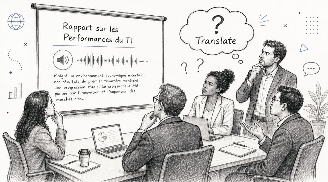 A professional team in a meeting room reviewing a French audio report shown on a large screen.