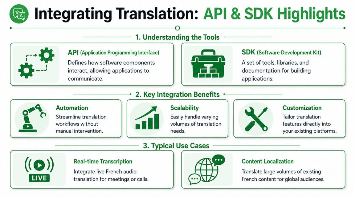 An infographic titled Integrating Translation showcasing API and SDK tools, key integration benefits, and typical translation use cases.