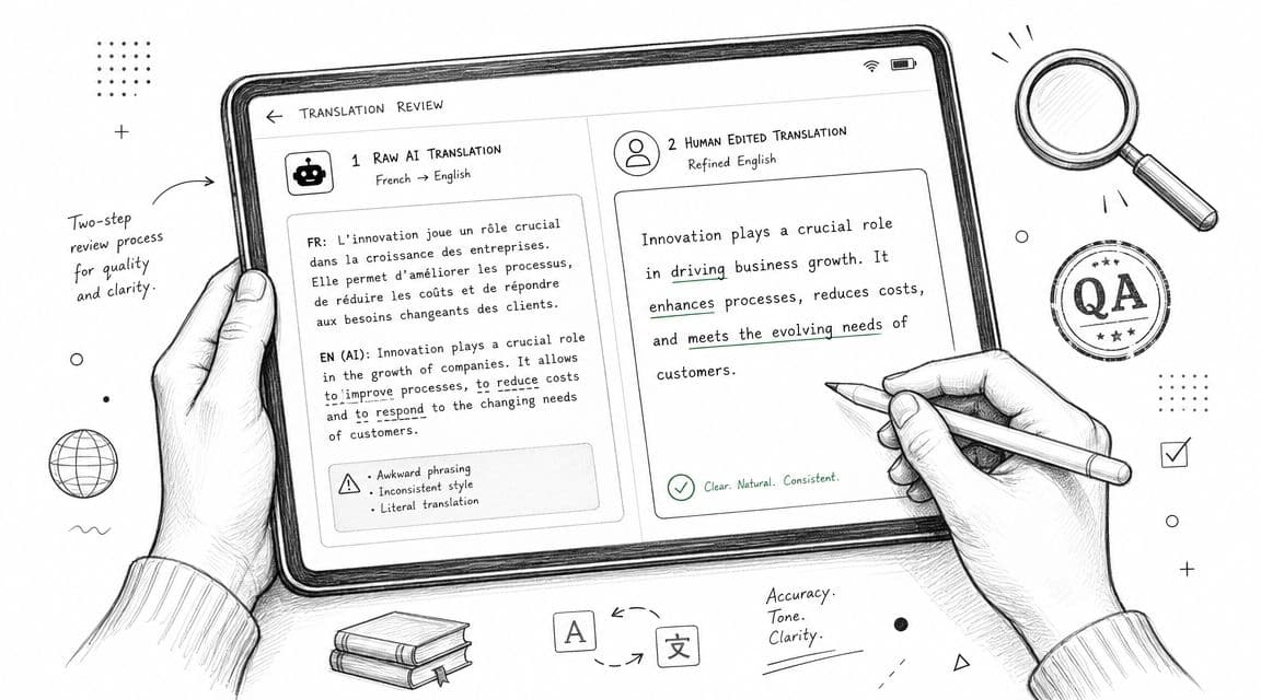 A hand-drawn illustration showing a person reviewing a French to English translation on a tablet screen.