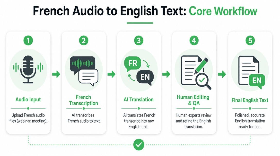 A five-step flowchart illustrating the workflow of converting French audio files into polished English text documents.