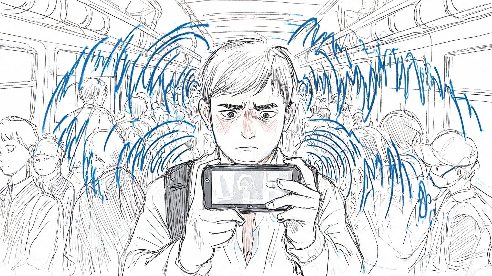 A worried young man looking at his smartphone while standing in a crowded, noisy subway train.