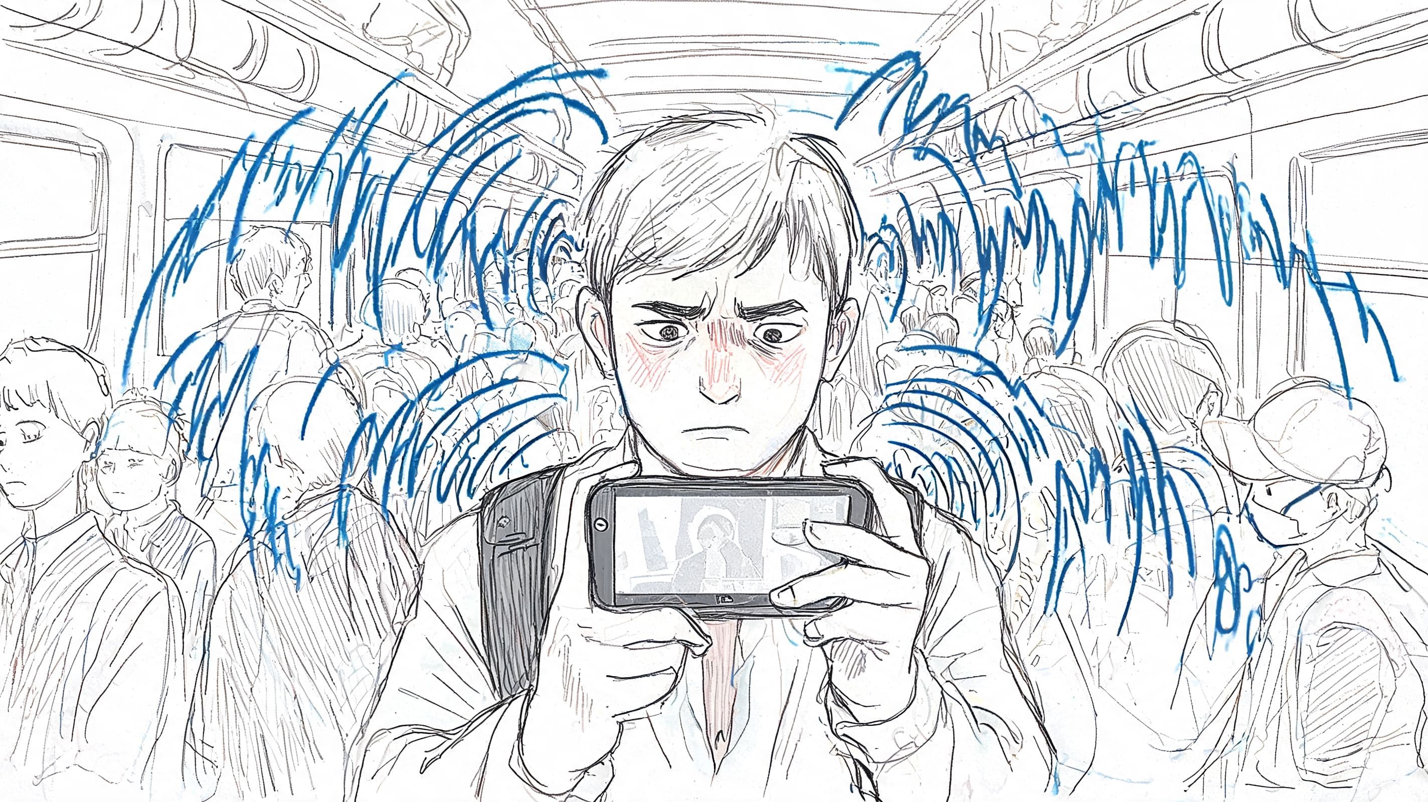 A worried young man looking at his smartphone while standing in a crowded, noisy subway train.