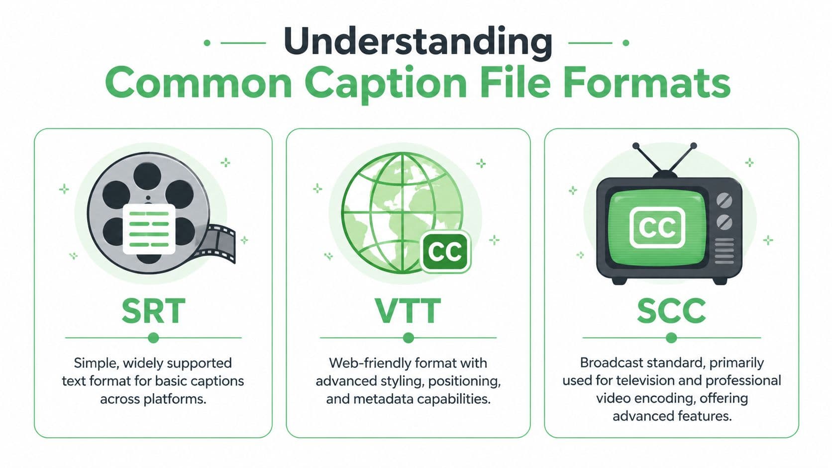 An infographic showing the differences between common caption file formats: SRT, VTT, and SCC for professional media.