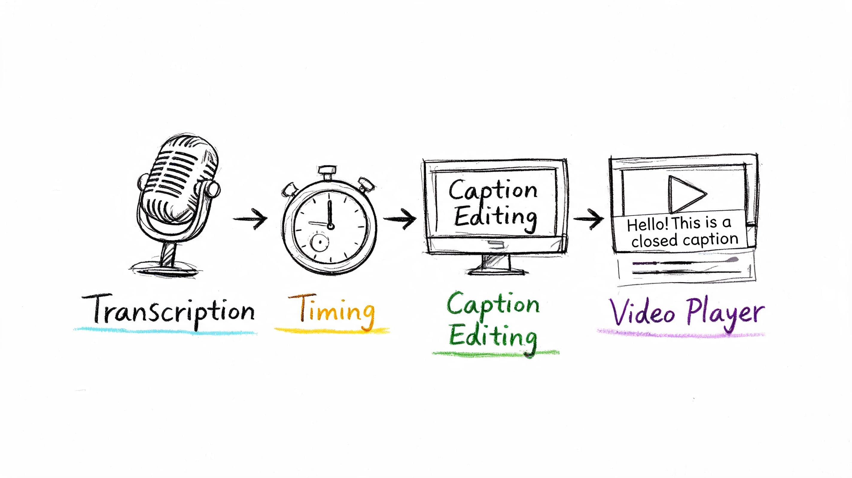 A hand-drawn flowchart illustrating the closed captioning process from audio transcription to final video player display.