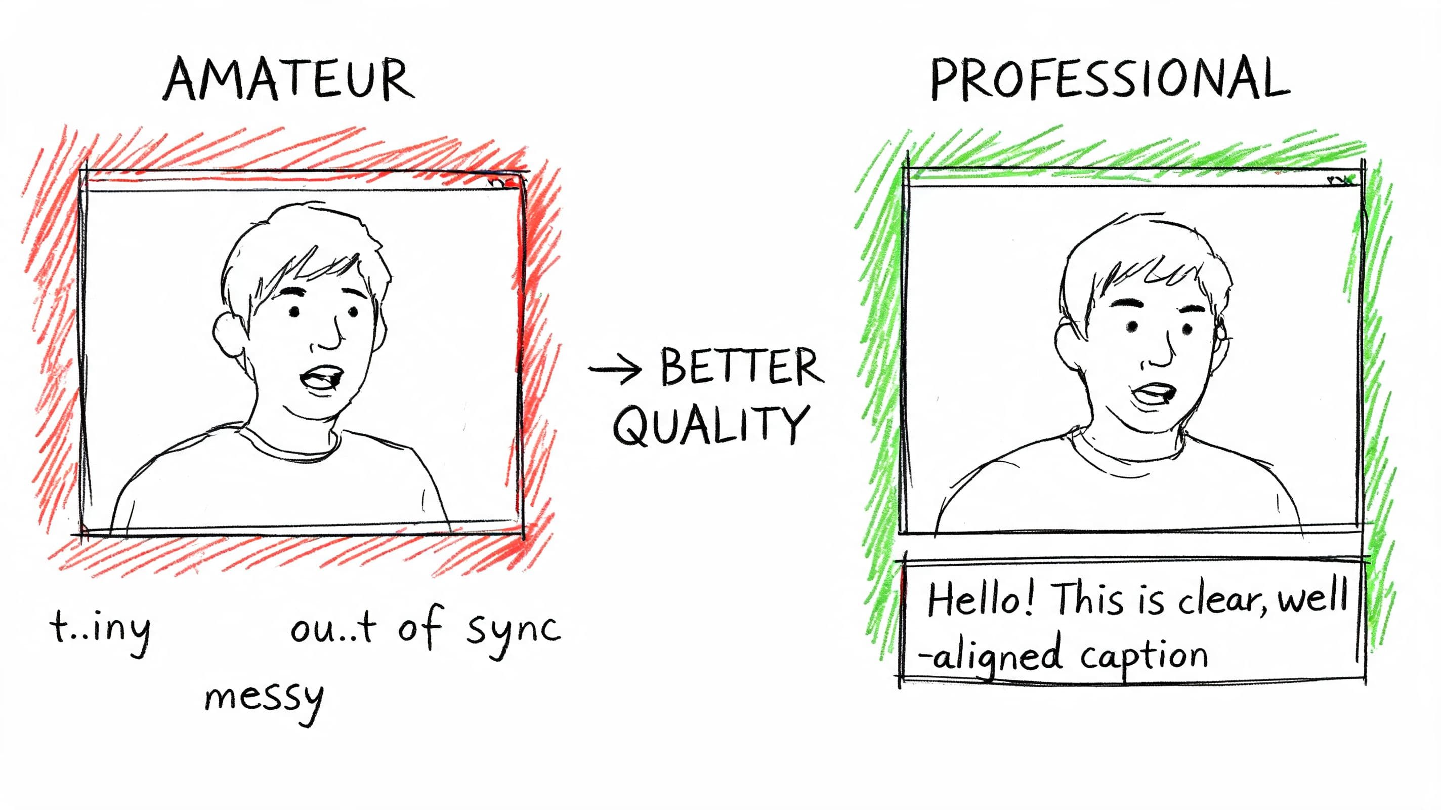 A comparison sketch illustrating the differences between amateur and professional closed captioning for video content.