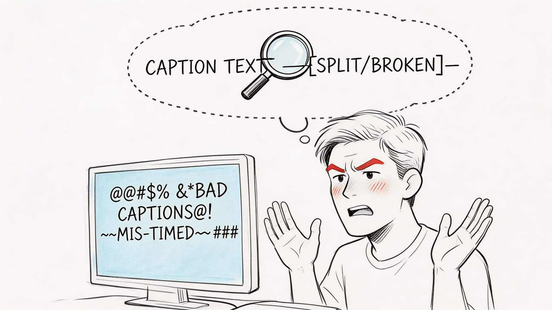 A frustrated person looking at a computer screen displaying bad and mis-timed closed captions.