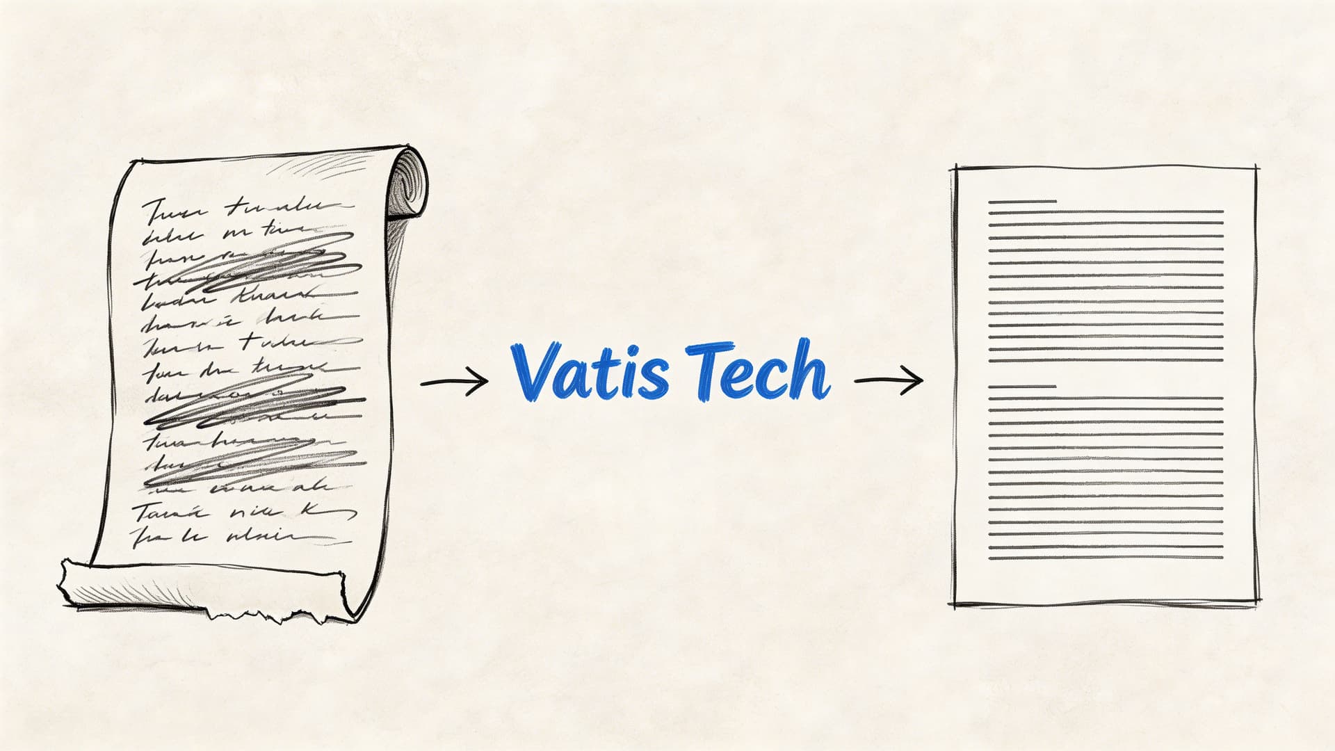 A hand-drawn illustration showing messy handwritten notes being converted into neat, structured digital text by Vatis Tech.