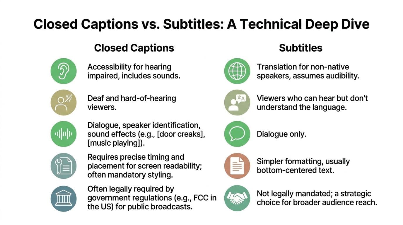 A comparison chart outlining the key technical and functional differences between closed captions and subtitles for accessibility.