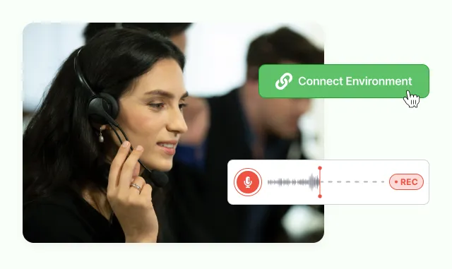 An agent on a call on the floor of a contact centre, with a Connect Environment button and a live recording meter over the photo