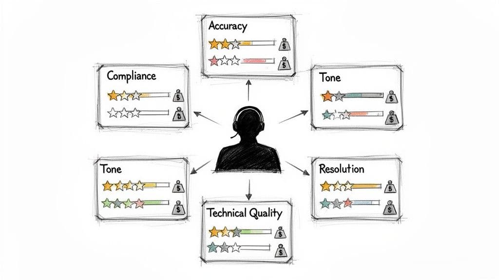 A call center agent's performance metrics are evaluated across compliance, accuracy, tone, resolution, and technical quality.