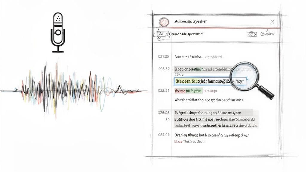 Sketch of a microphone, colorful sound wave, and a window for automatic speech transcription.