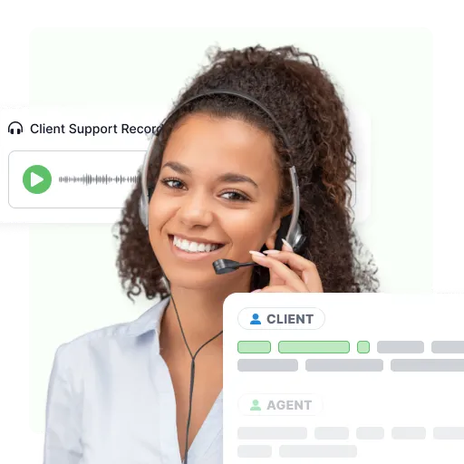 A contact centre agent in a headset, with the client support recording playing beside her and the call transcript split into client and agent turns