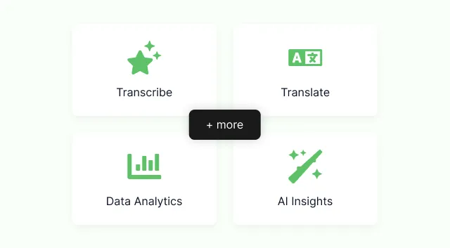 Transcribe, Translate, Data Analytics and AI Insights offered as four tiles, with more behind them