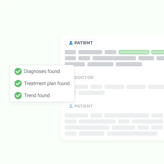 A patient and doctor transcript with a panel over it ticking off diagnoses found, treatment plan found and trend found