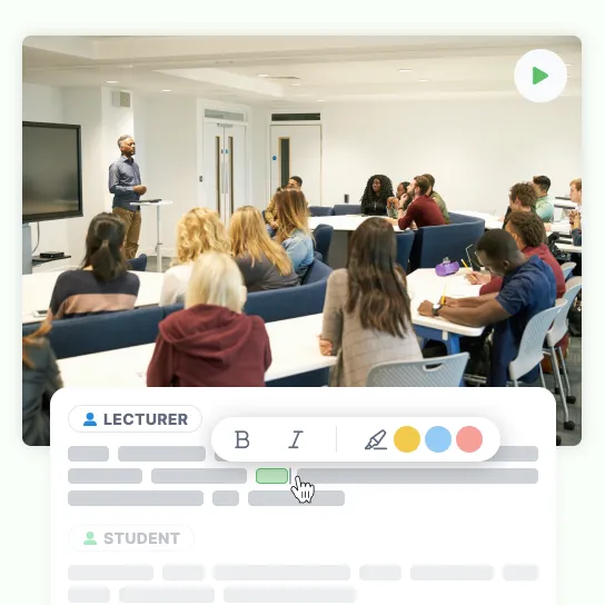 A classroom recording with its transcript open in the editor, bold, italic and highlighter controls over the phrase being marked