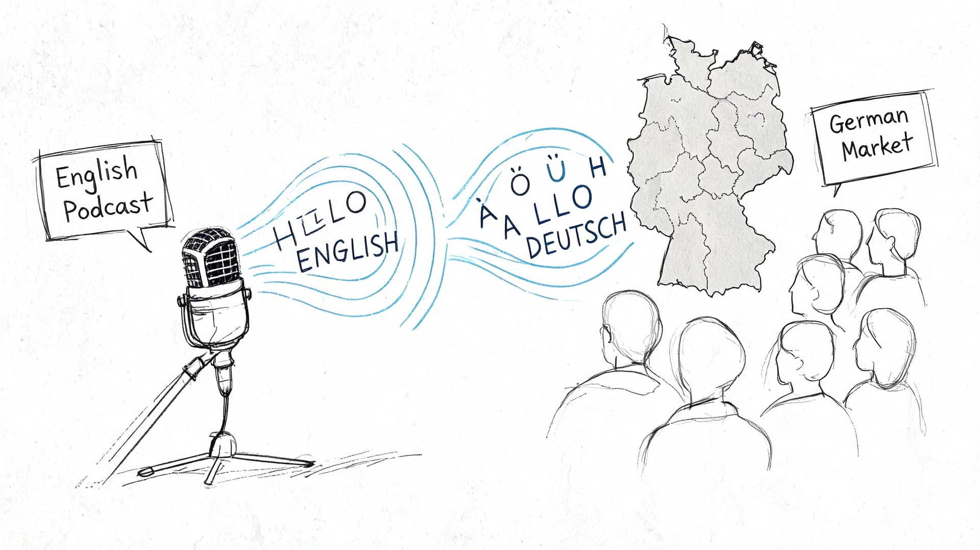 A hand-drawn illustration showing an English podcast being translated into German for a German market audience.