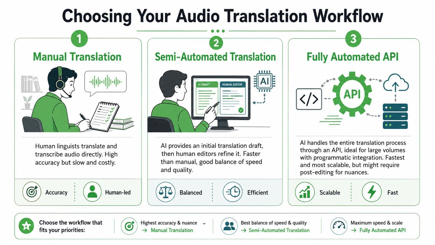 A diagram illustrating three different audio translation workflows: manual, semi-automated with AI, and fully automated API.