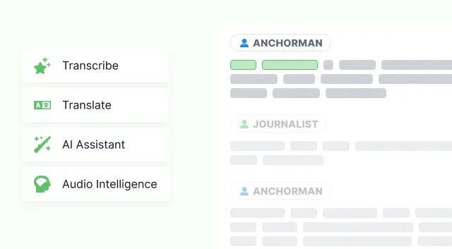 Transcribe, translate, AI assistant and audio intelligence offered as four tiles beside a transcript labelled anchorman and journalist