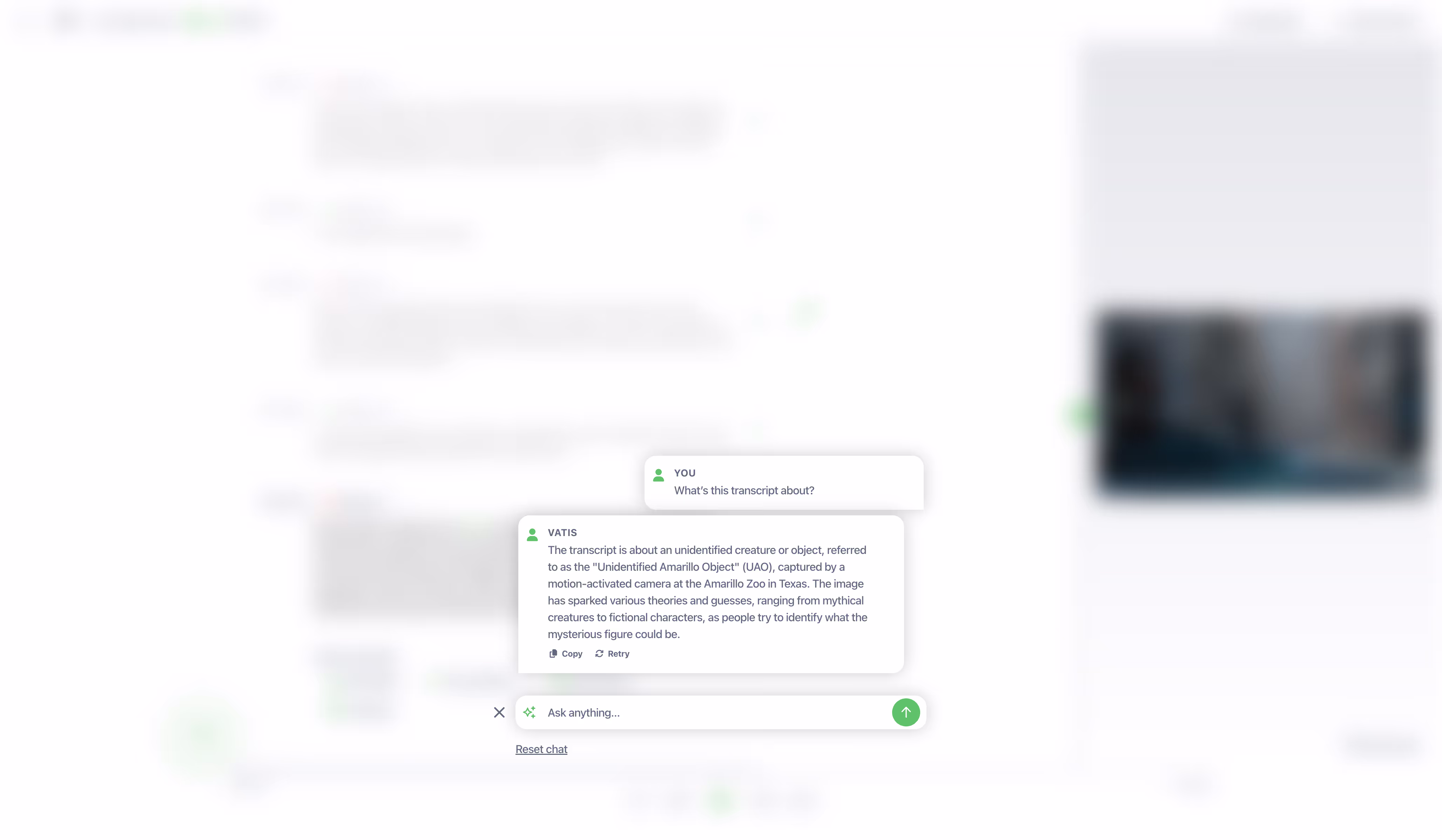 The Vatis Tech assistant answering a question about a transcript, above the download, summarise and translate actions