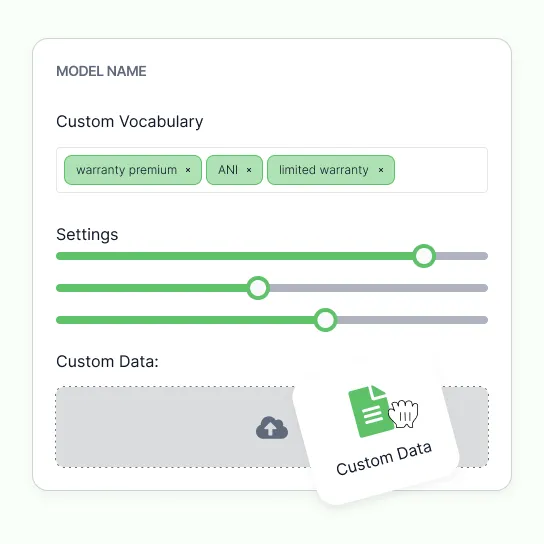 A model settings panel: custom vocabulary chips for warranty terms, three tuning sliders, and a drop zone for custom data
