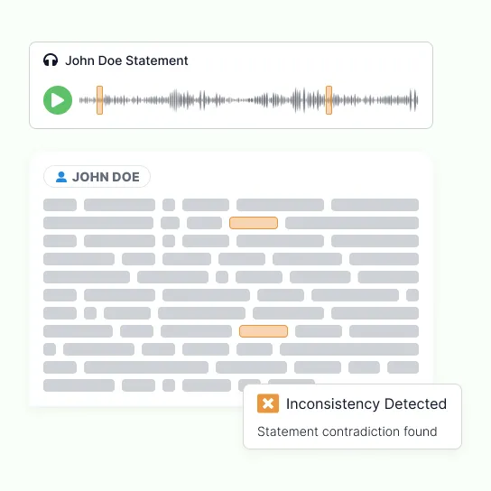 A witness statement recording marked at two points, the matching lines highlighted in its transcript and flagged as a statement contradiction