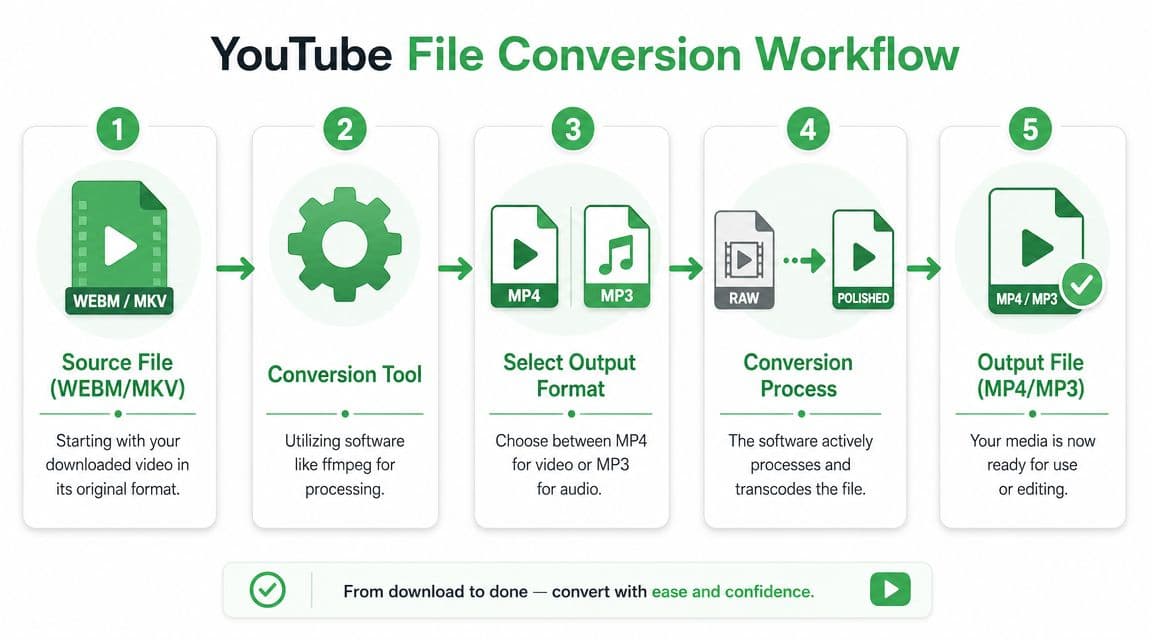 A five-step instructional diagram illustrating the professional workflow for converting downloaded YouTube video files into different formats.