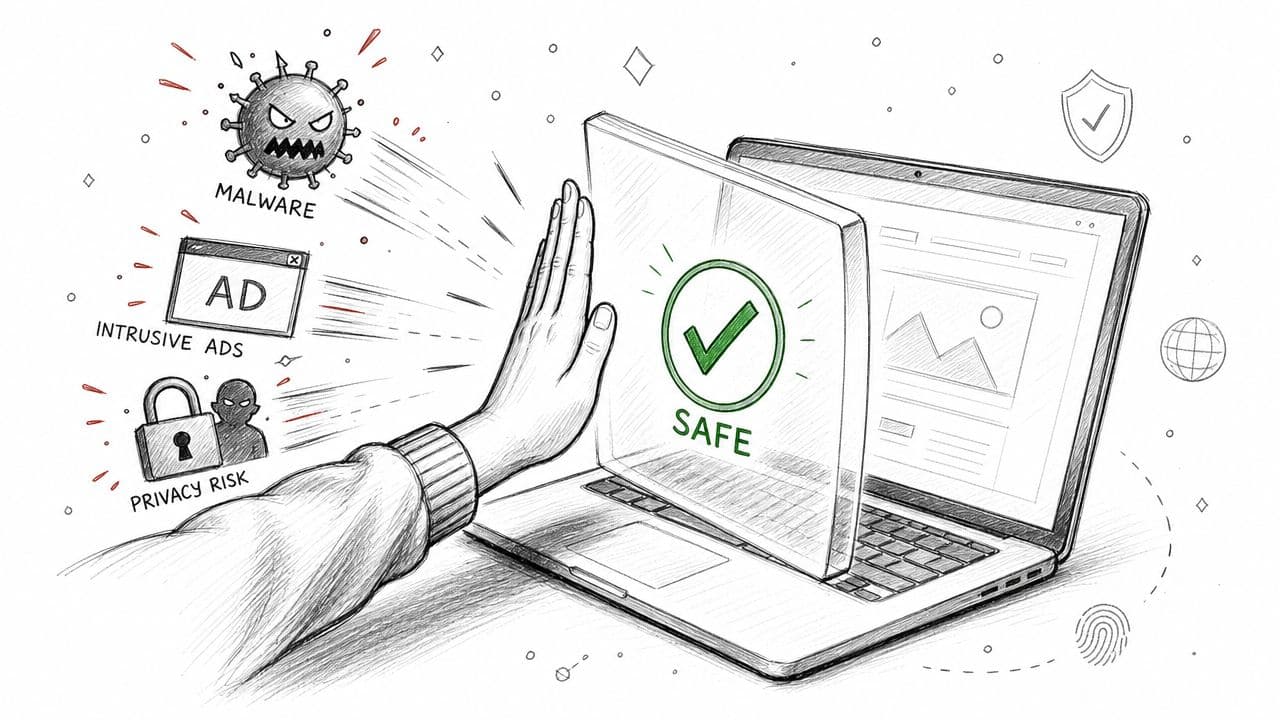 A hand blocking malicious software, intrusive ads, and privacy risks from reaching a safe laptop screen.