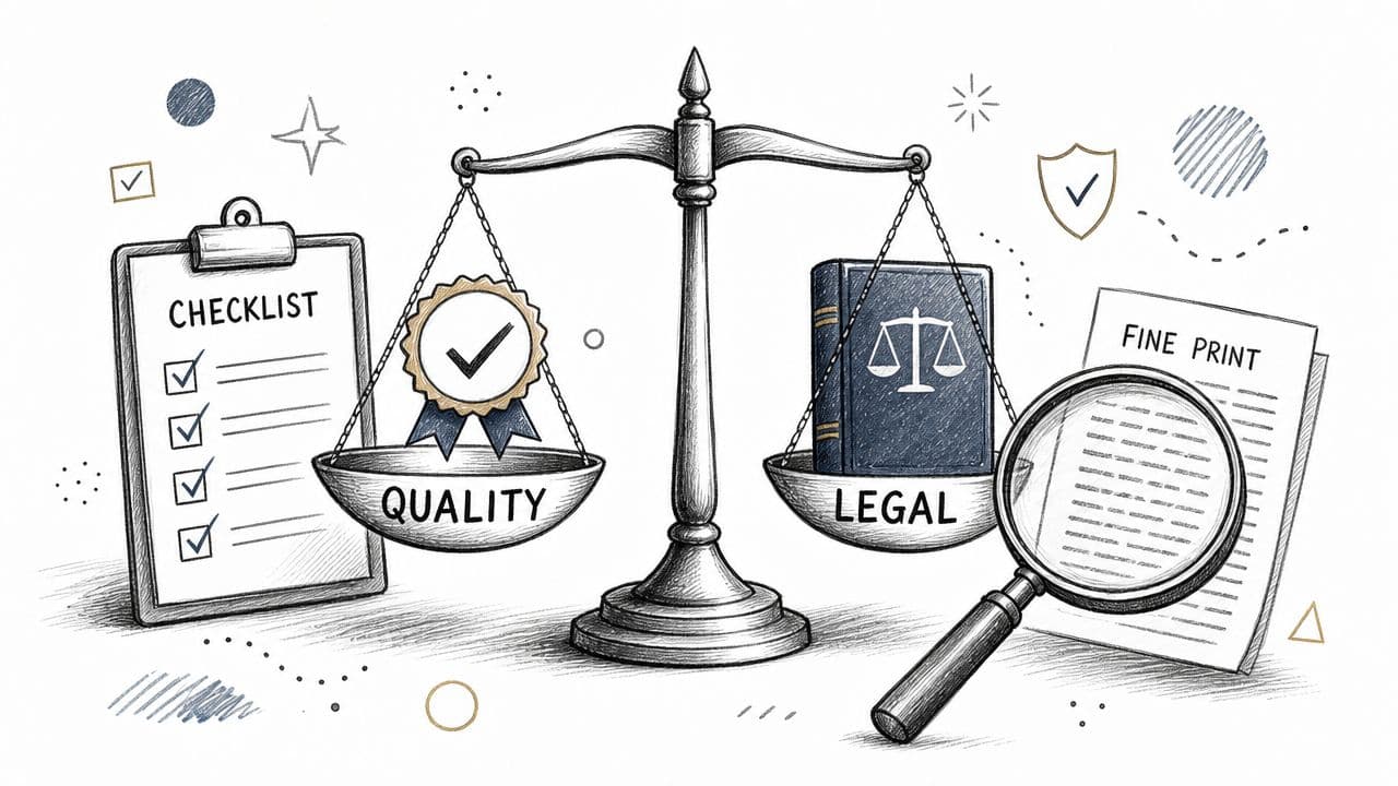 A pencil sketch of a scale balancing quality assurance with legal fine print documents and a magnifying glass.