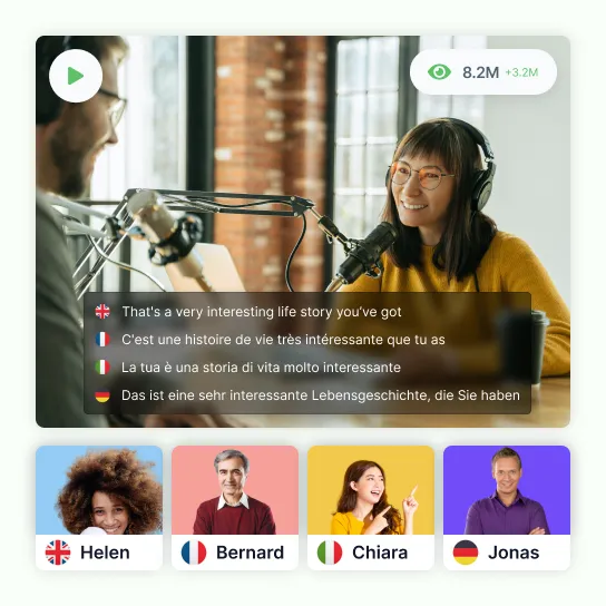 An episode captioned in English, French, Italian and German at once, with four listeners and their flags beneath it