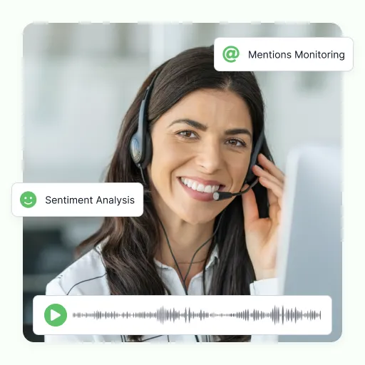 An analyst at a monitor in a headset, with mentions monitoring and sentiment analysis flagged over the recording playing beneath her