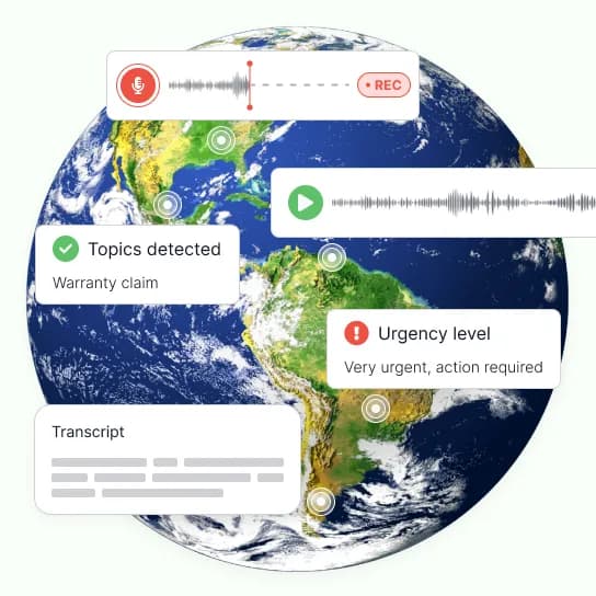 Recordings, transcripts and detected-topic cards pinned to points across a globe, several calls running at once