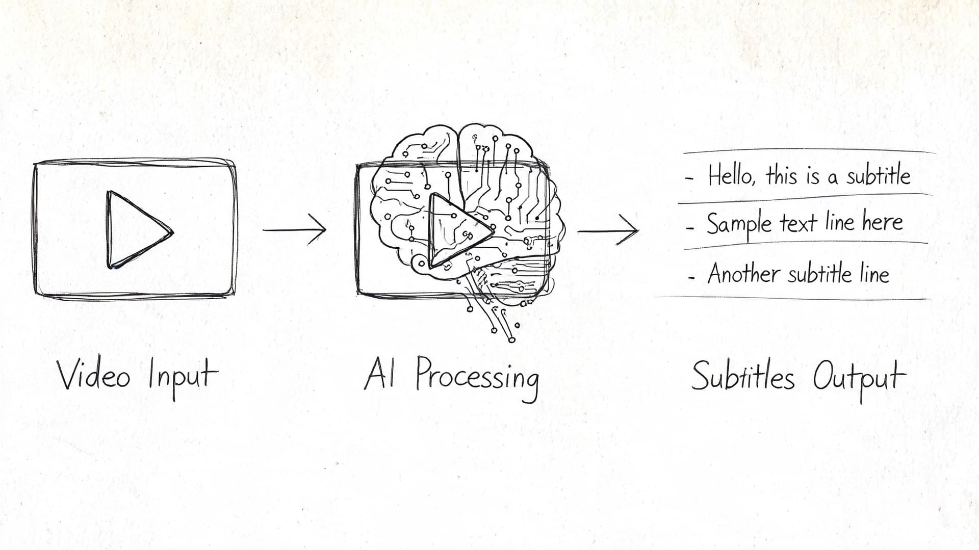 A hand-drawn illustration showing a video file being processed by an AI brain into text subtitles.