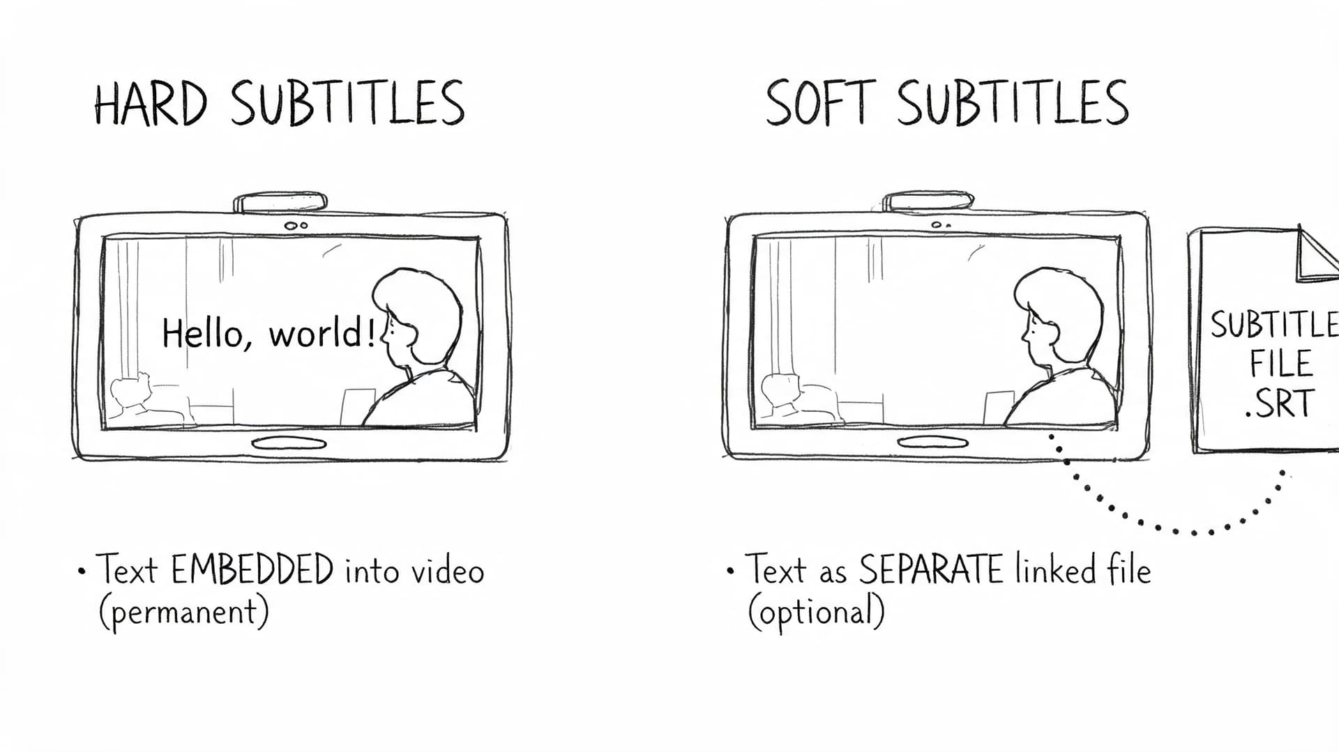 A diagram comparing hard subtitles embedded in a video versus soft subtitles provided as a separate file.