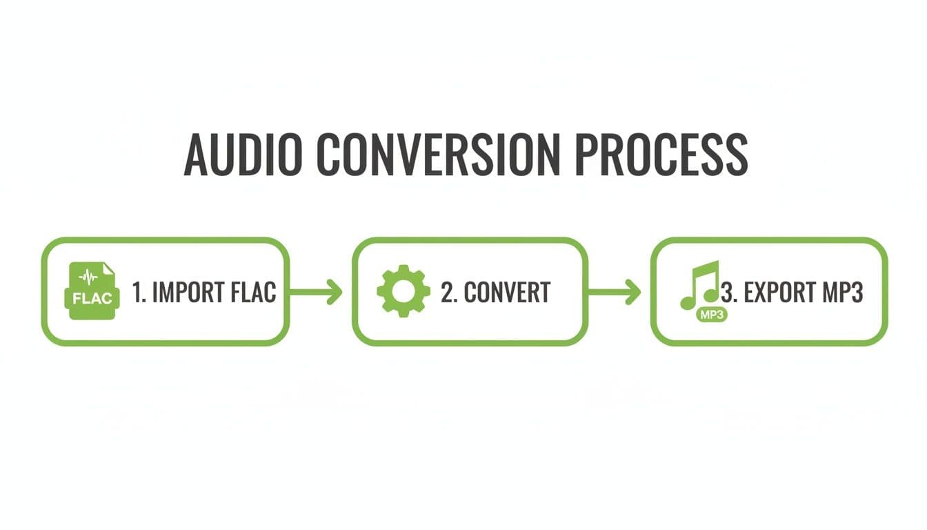 Flowchart illustrating the three-step process to convert FLAC audio files to MP3 format.
