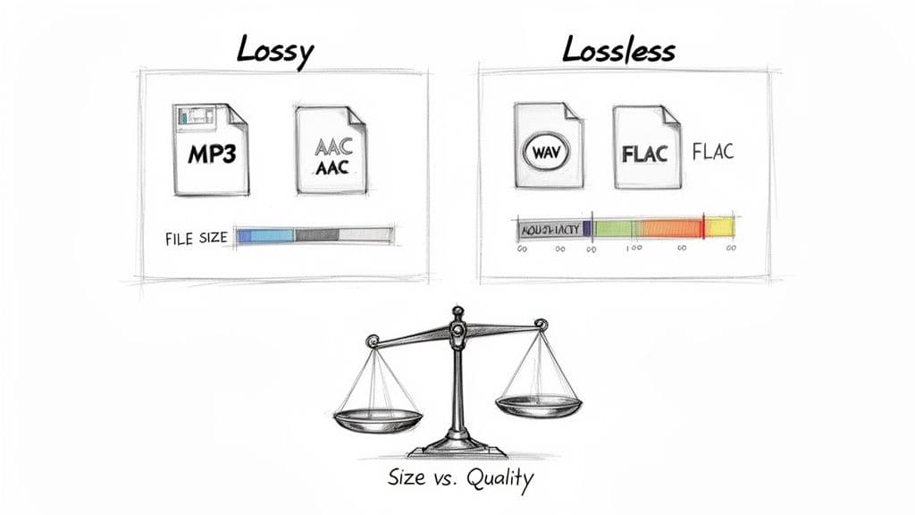 An illustration compares lossy (MP3, AAC) and lossless (WAV, FLAC) audio compression, highlighting size versus quality.
