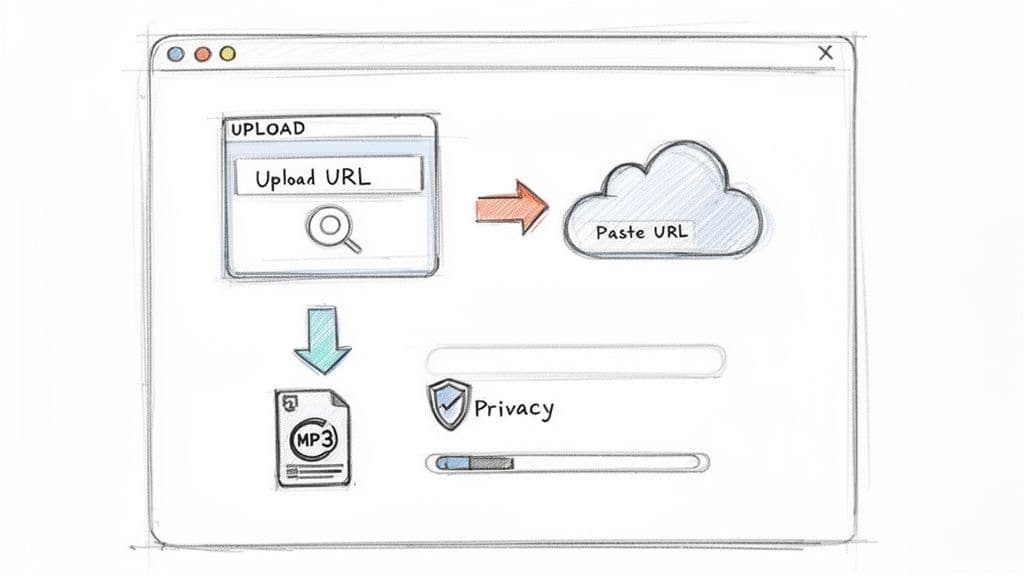 A diagram illustrating the process of uploading a URL, processing in the cloud, and downloading an MP3.