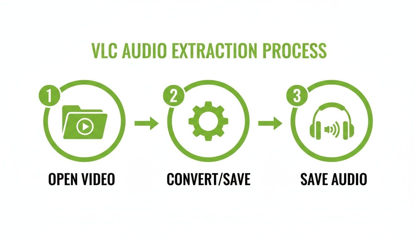 A three-step infographic showing how to extract audio from a video using VLC Media Player.