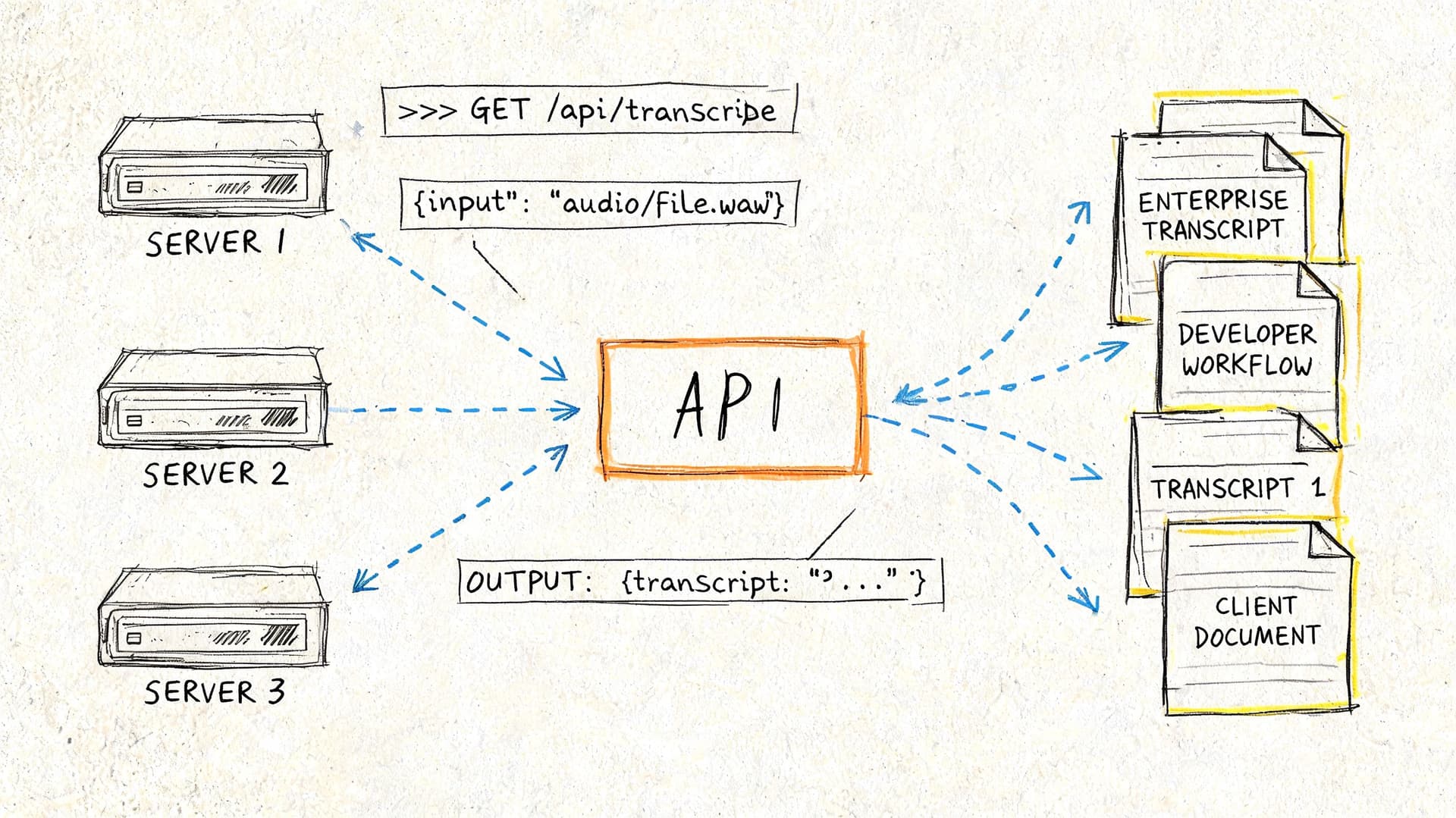 A hand-drawn diagram illustrating an API processing audio files from servers into various document formats.