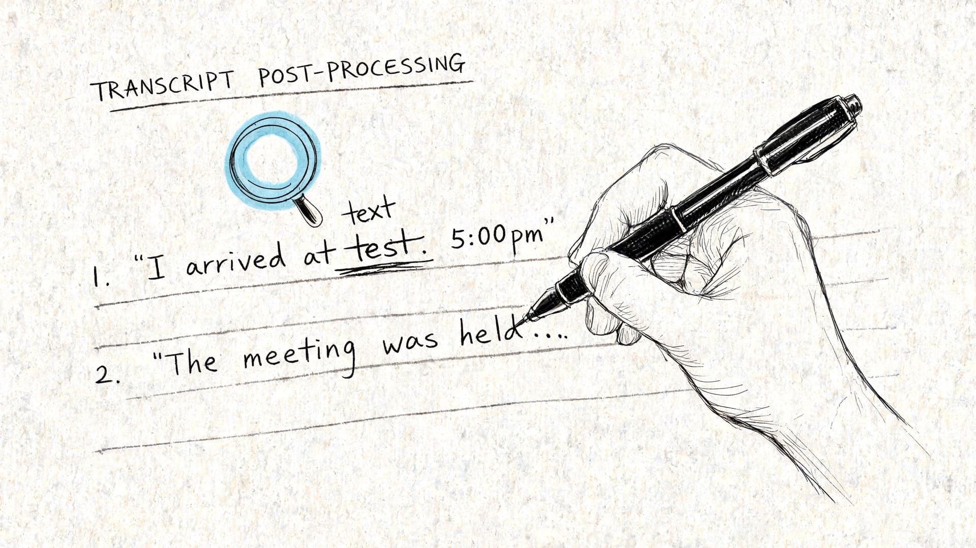 A hand drawing with a pen on paper titled Transcript Post-Processing with text and magnifying glass icons.
