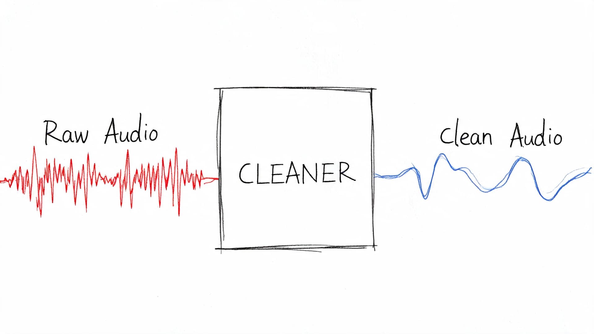 A diagram illustrating raw, noisy audio being processed through a cleaning box to produce clear audio.